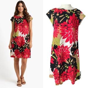 K STUDIO COLLECTION VTG. RETRO FLOWER SHIFT DRESS.‎ Size 10 red,black moss green